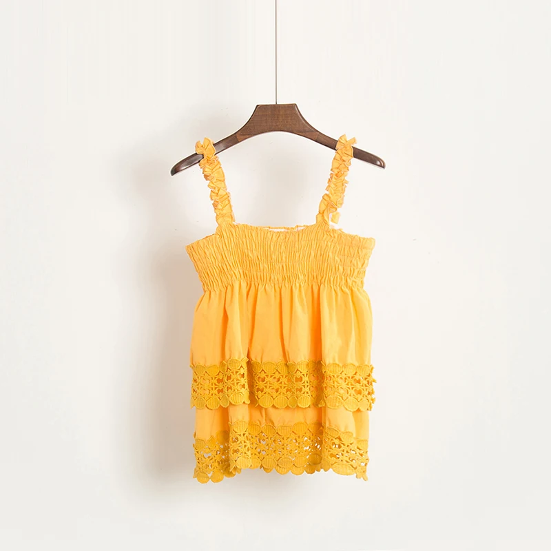 [Alphalmoda] летние женские красивые кружевные блузки универсальные кружевные лоскутные летние топы на бретельках - Цвет: Цвет: желтый