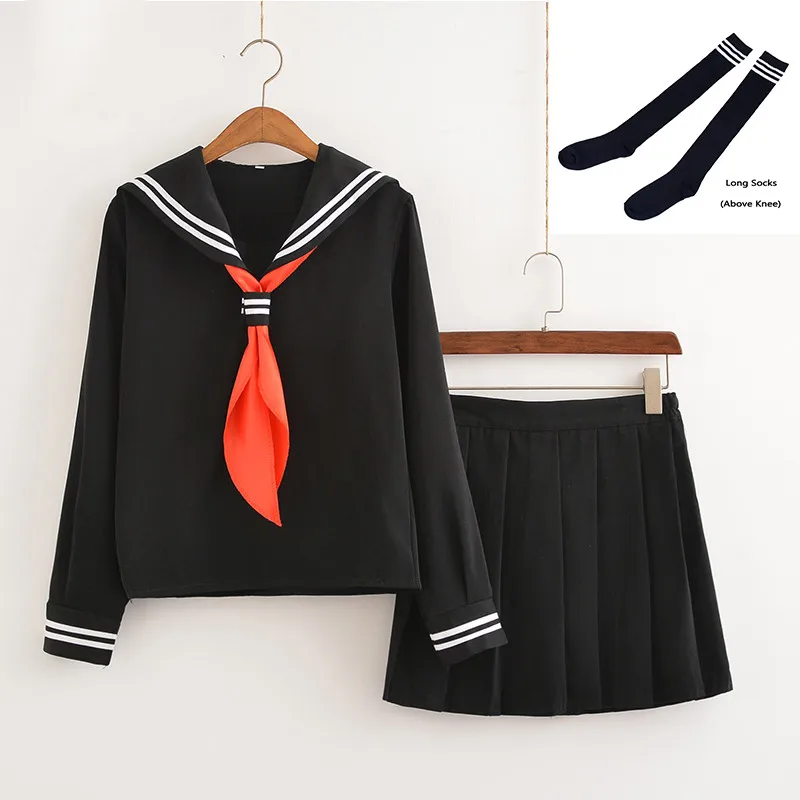 Black Set With Socks UPHYD Лидер продаж Аниме Школьная форма Косплей Японская Школьница морской моряк школьная форма с красным шарфом JK Униформа LYX0701 - Цвет: Black Set With Socks