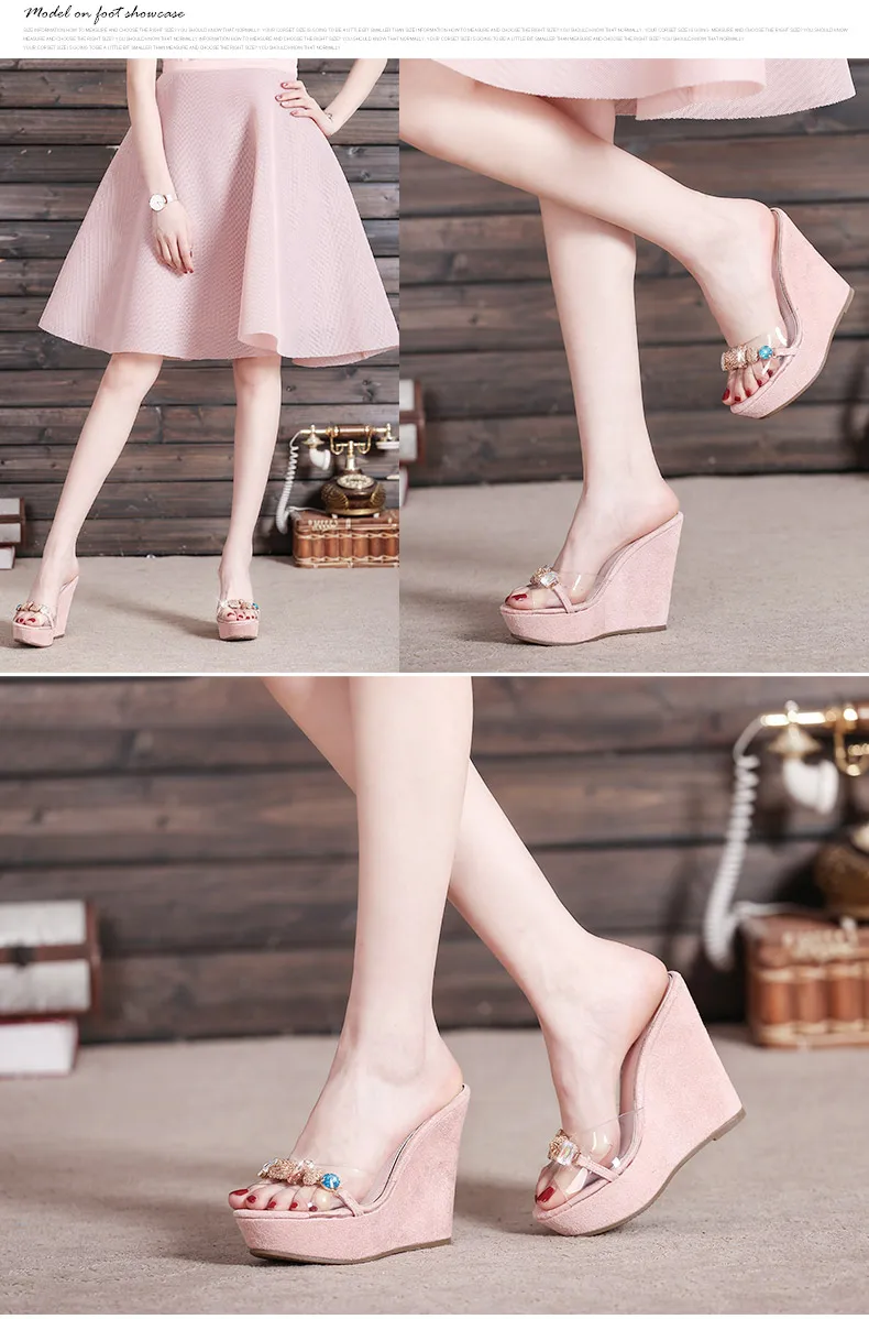 8_New 2018 Wedges Slippers Female Summer Fashion High-heeled Platform Rhinestones Small Size Shoes Pink White Black