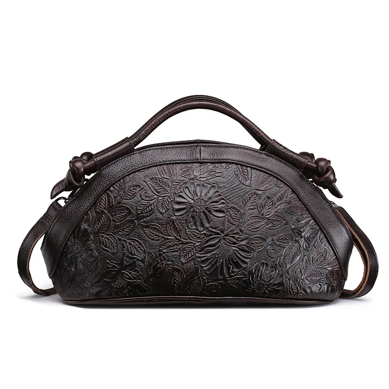 

Vintage Genuine Embossed Leather Handbag Rose Pattern Tote Bag Women Oil Wax Cowhide Shoulder Crossbody Messenger Bags New