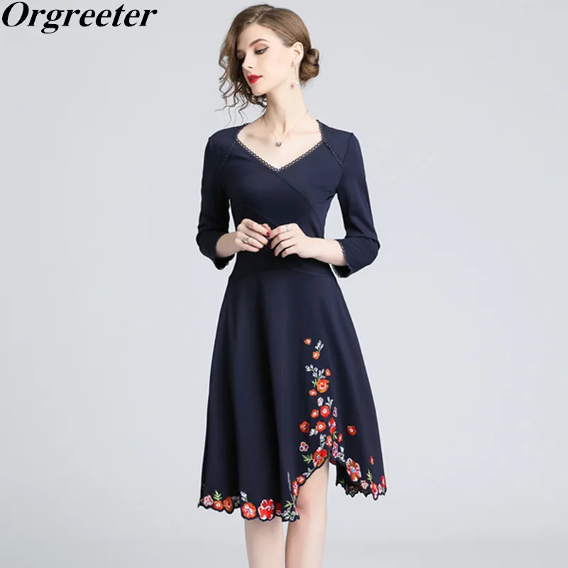 

Deep Blue Asymmetry Floral Embroidery Dress Spring Autumn Three Quarter Sleeve V-neck Stereo cut new Women Dress Plus Size XXL