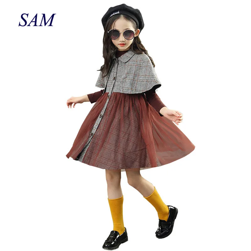 

Girls autumn 2018 new fashion clothing sets children's bottoming shirt + shawl mesh skirt 2 pcs clothes big kids retro plaid set