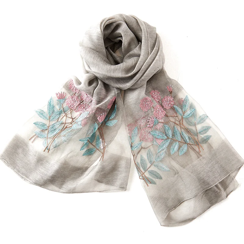 REALBY 190*80cm Woman Floral Silk Scarf Fashion Exquisite Embroidery