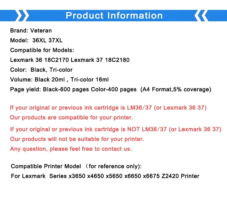 Ветеран для Lexmark 36, 37, XL картридж с чернилами для принтера Lexmark 36XL 37XL LM36 серии x3650 x4650 x5650 x6650 x6675 Z2420 принтер