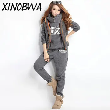 

Europe New2018 Autumn Winter Woman Thick Plus Velvet Vest Sweatshirt Long Elastic Waist Pants 3 Piece Set Female Fleece Pullover