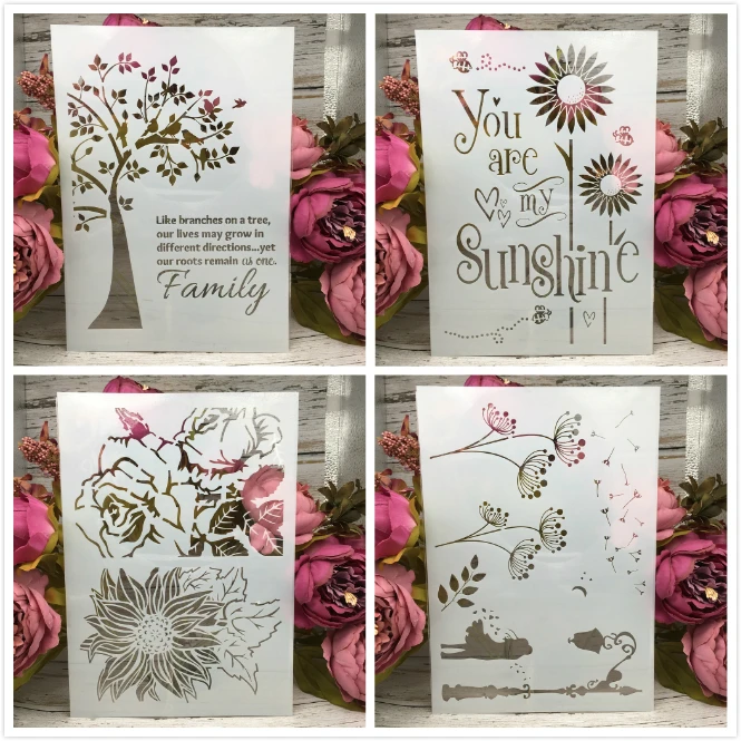 

4Pcs/Lot A4 Tree Sunflower Dandelion DIY Layering Stencils Painting Scrapbook Coloring Embossing Album Decorative Card Template