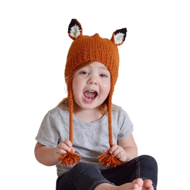 

Baby Hats Knitted with Scarf Set Winter Cat Fox Ear Kids Boys Girls Warm Shapka Caps for Children Beanies Caps