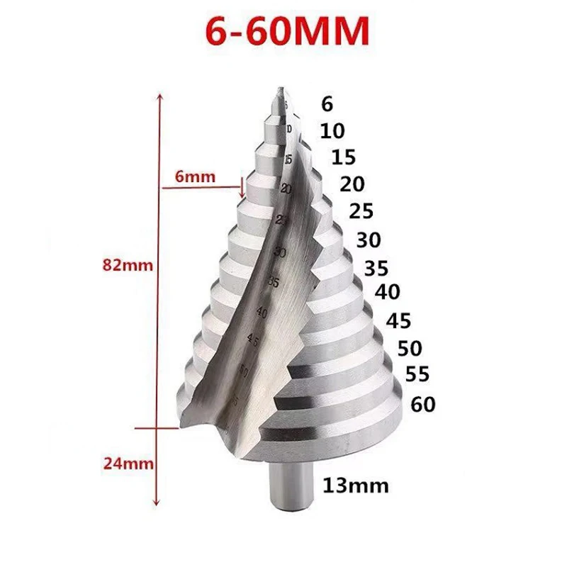 

6-60mm Hss Step Cone Drill Bit Hole Cutter Set 12 Steps Metric Step Drill Wood Plastic Metal Drilling Shank Dia 13mm