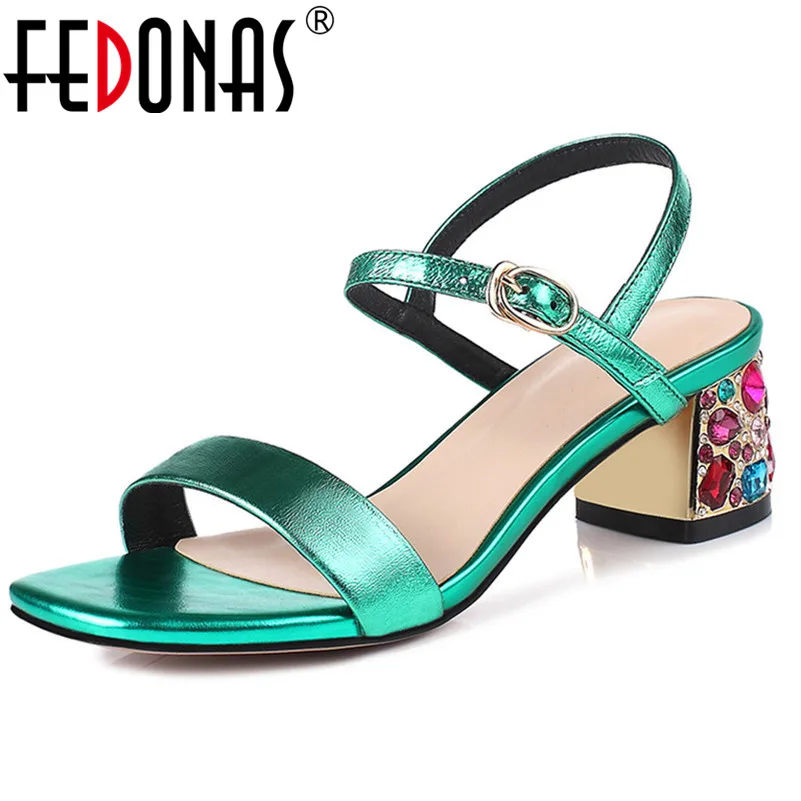 

FEDONAS Top Quallity Genuine Leatehr Women Pumps Multicolour Rhinestone High Heels Summer Sandals Buckle Strap Retro Shoes Woman