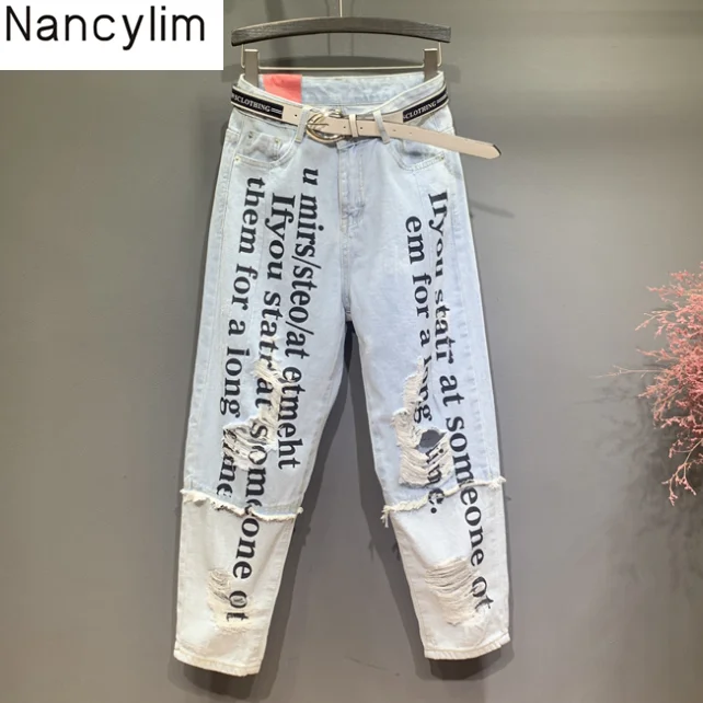 

Vintage Jeans Women 2019 Spring Summer New Letter Printed Broken Holes Sculpture European Style Loose Daddy Pants Denim Jeans