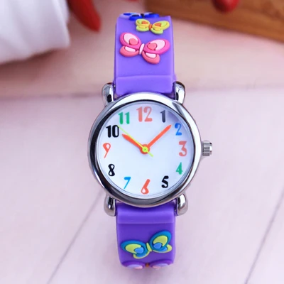 Детские подарки для девочек, кварцевые часы с силиконовым ремешком, 3D мультяшная бабочка, модный указатель, водонепроницаемые часы, электронные часы - Цвет: Фиолетовый
