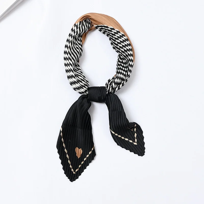 

NEW Bright Plaid Scarf Small Silk Bandana Pleated Print Foulard Chic Patchwork Design Square Crinkle Neck Scarf [3983]