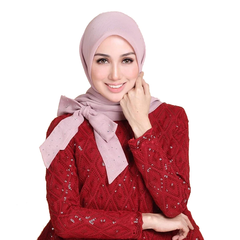 

10Pcs Bow Chiffon Solid Muslim Scarf Instant Shawl Ready To Wear Hijab femme musulman Elegant Wrap Head Scarves Islam foulard