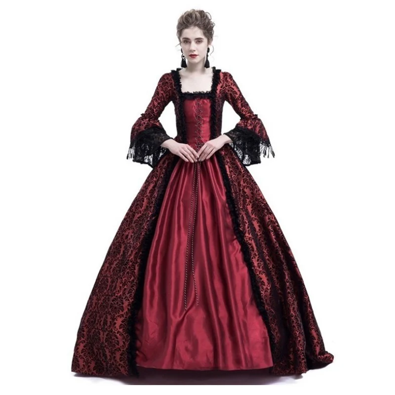 

Red Lace Flared Sleeves Stage Medieval Court Ball Gown Victorian Halloween Dress Queen Princess Vintage Cosplay Costume Adult