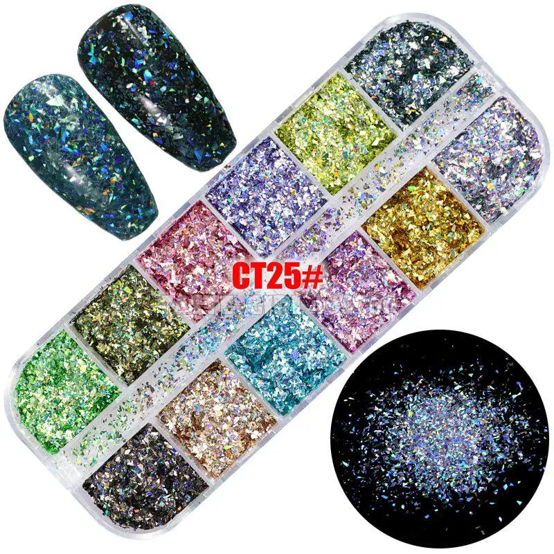 12 شبكات/مجموعة عالية الجودة التصوير المجسم بريق غير النظامية جزء مسحوق أظافر تركيب من الأكريليك الديكور يمكن خلط مع هلام DIY CT25 #