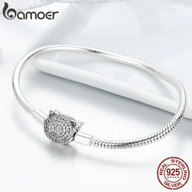 Женский браслет цепочка BAMOER из 100% 925 пробы серебра с милым котом сверкающим