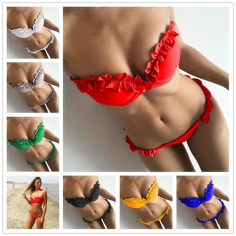 

2019 New Frill Floral Women Bikinis set Chic Honolulu Push Up Swimwear Hot Swimsuit Ins Beach Bathing suit maillot de bain femme