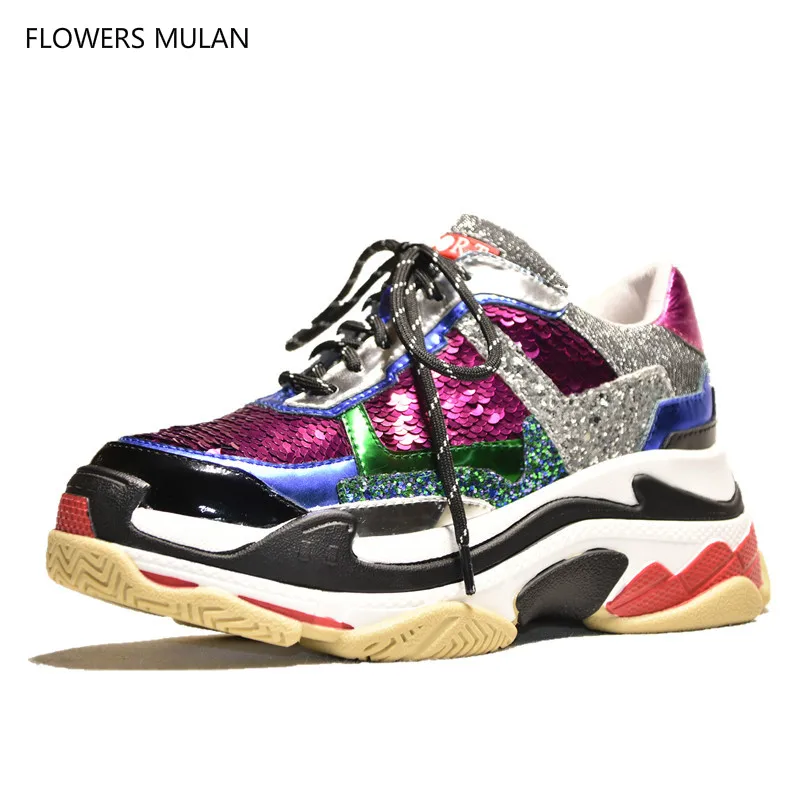 

Glitter Bling Women Casual Shoes Mixed Colors Women Platforms Shoes 2018 Street Styles Fashion Designer Lace Up Ultra Shoes
