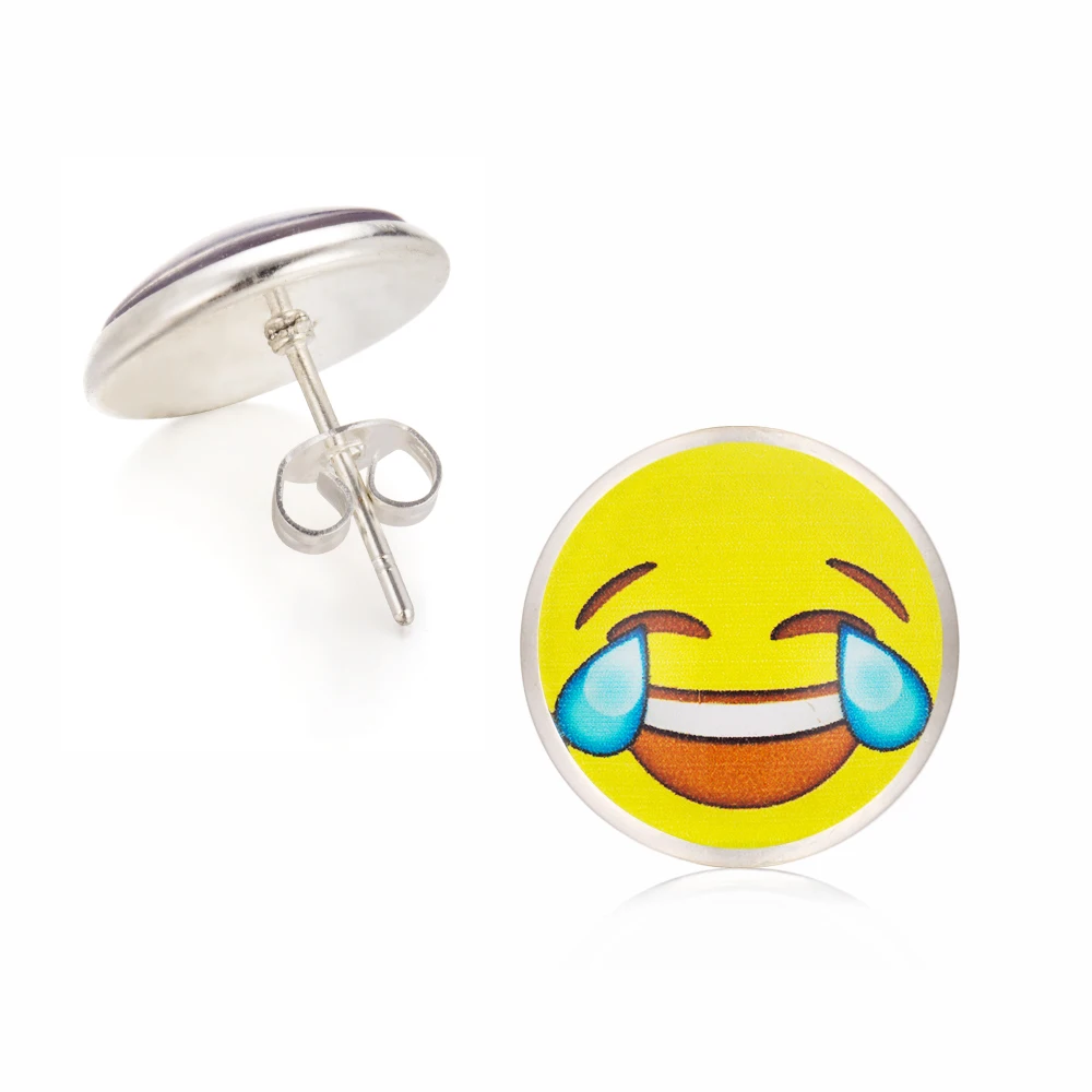 

FAMSHIN 2017 Vintage Silver Color Emoji Jewelry Women Accessories Fashion Emoticons Glass Cabochon Stud Earrings Fine Jewelry