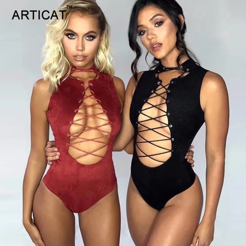 

Articat Cross Lace Up Sexy Bodysuit Women Tops Suede Sleeveless Bandage Bodycon Rompers Womens Jumpsuit Skinny Cami Overalls