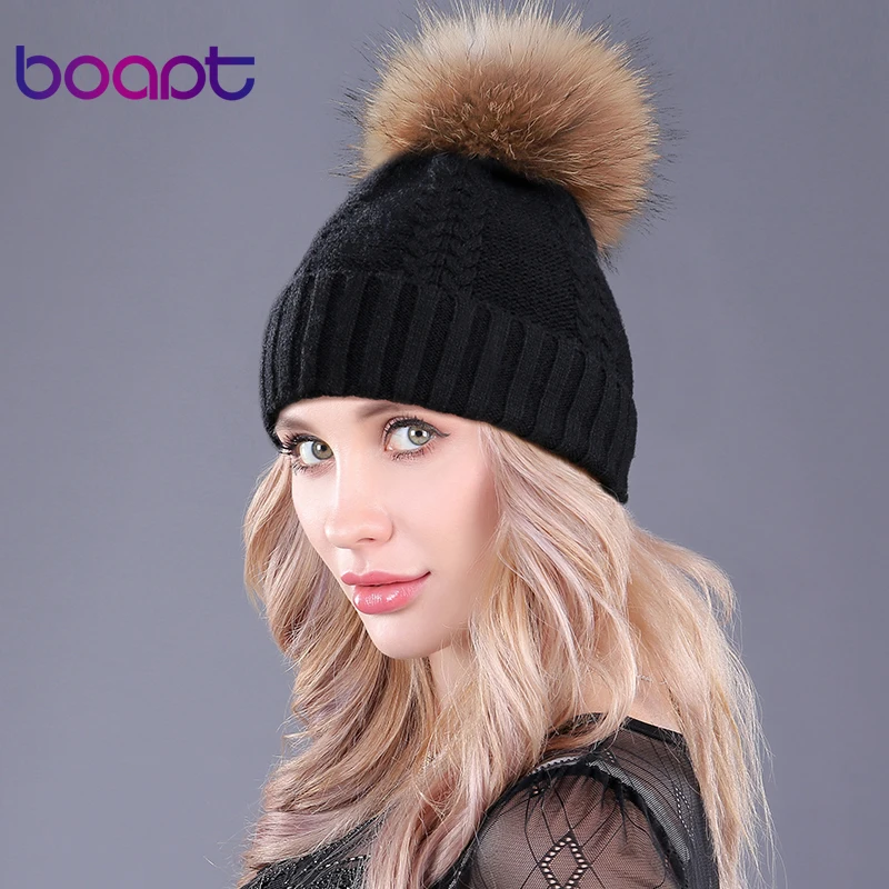 

[boapt] Winter Genuine Natural Real Raccoon Fur Caps Female Beanies Wool Rabbit Knitted Hats Pompon Headgear Skullies For Girls