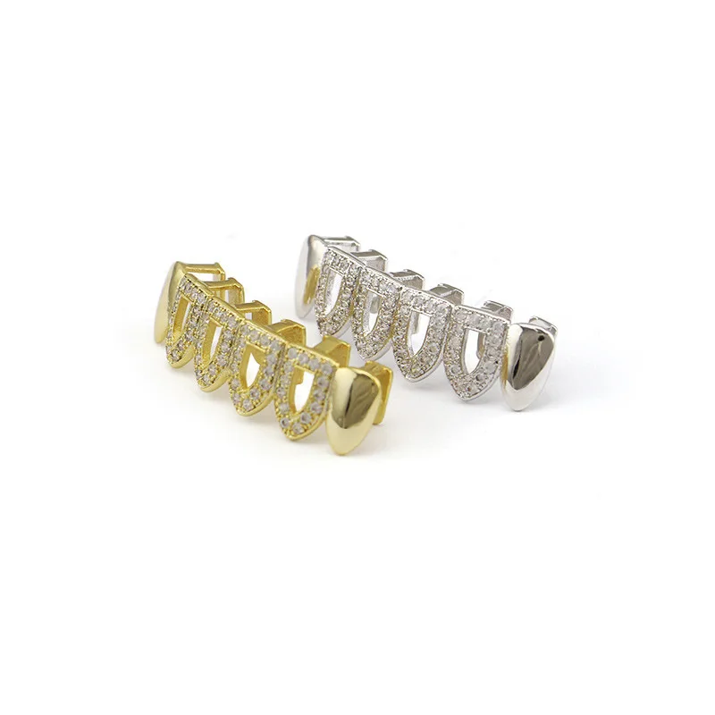 Factory Bottom Price Gold Color Teeth Grillz CZ Paved Bottom Grills Hip-hop Tooth Dental Grills US UK Popular Teeth Caps Jewelry