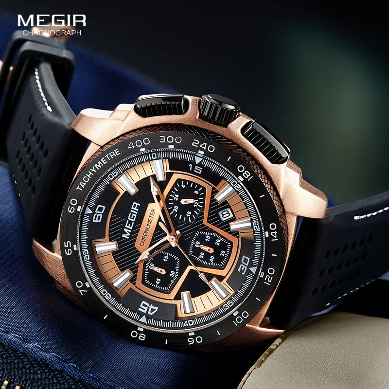 Cena Megir męskie męskie chronograf zegarki sportowe z mechanizmem kwarcowym gumka zegarek luminescencyjny dla mężczyzn chłopcy 2056G 1N0