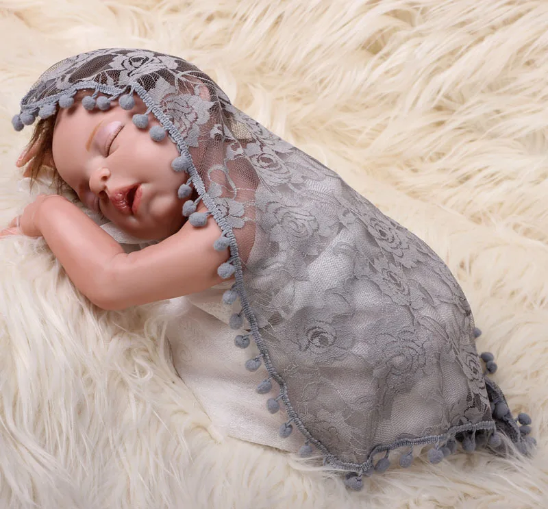 Одеяло для фото новорожденных обертывание с кисточкой Детские фото обертывание s кружево Роза пеленание ребенка подставка для фотографий 45*45 см серый розовый - Цвет: Серый