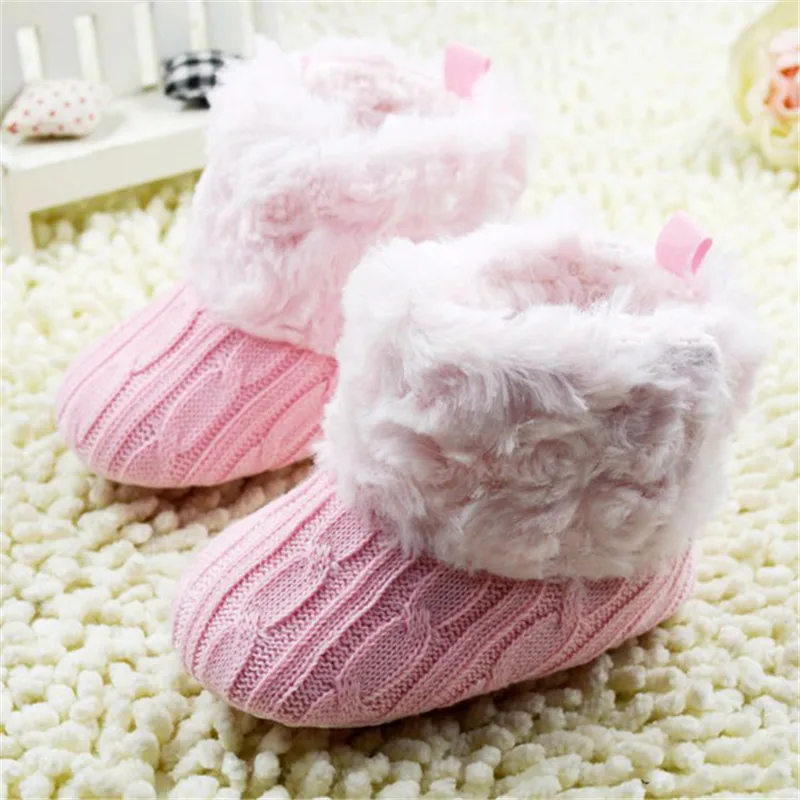 Вязаные крючком/вязаные флисовые сапоги для маленьких девочек; шерстяная зимняя детская обувь ботиночки - Цвет: Розовый