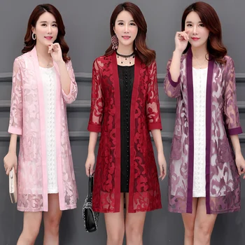 

2020 New Korean Feamle Medium Long Shawl Coat Fashion Lace Patchwork Hollow Chiffon Thin Open Stitch Summer Jacket Over size