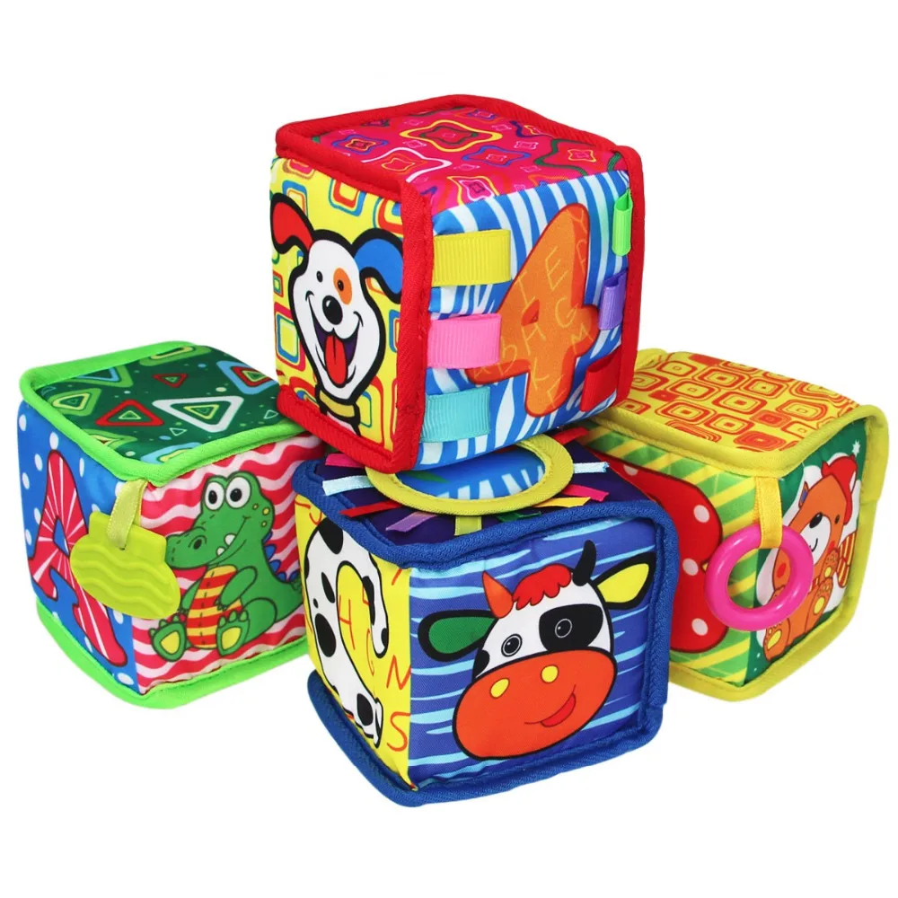 

TEYTOY Soft Rattle Baby Blocks Cloth Foam Grab and Stack Building Blocks Toy with Safety Mirror and Silicone Teether BPA-free
