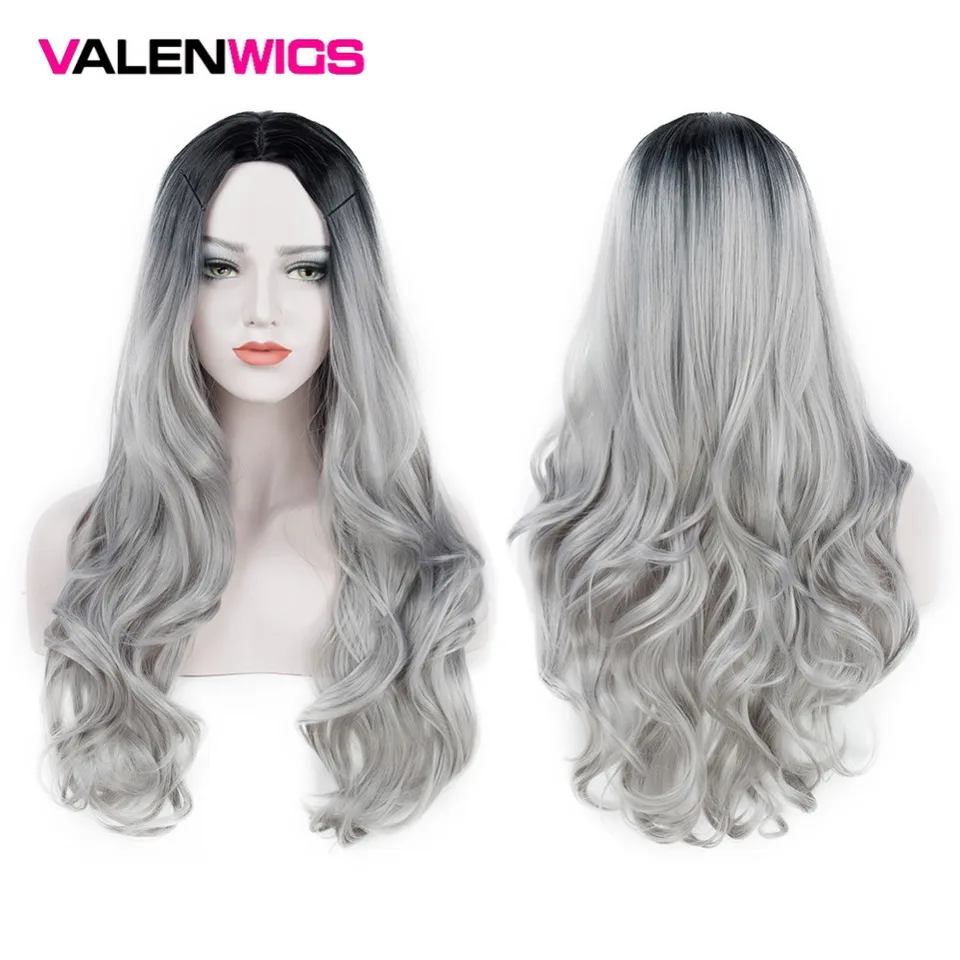 Valenwigs Ombre Wig Two Tones Black To Silver Gray Synthetic Wigs