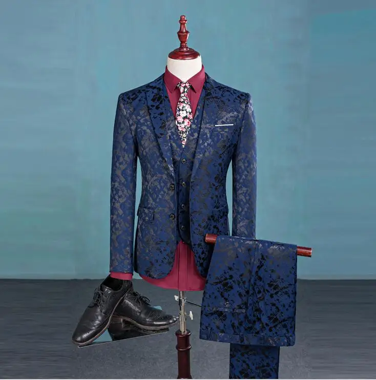 2017 New Best Man Printing Suit Groom Tuxedos Prom Business Black