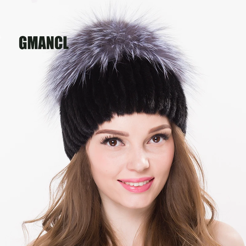 

GMANCL Real Mink And Fox Fur Cap Big Pom Poms For Women Girl 's Hat Lining Knitted Thick Female Genuine Fur 2017 New Beanies