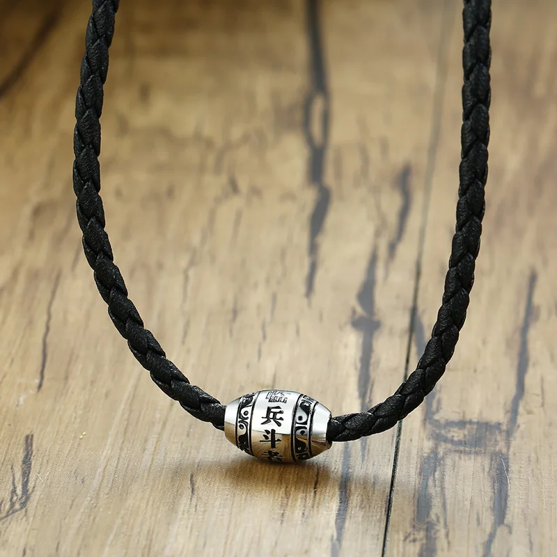 

Men's Necklace 9 words Buddha Mantra Lucky Beads Stainless Steel Charm Pendant with Black Braided Rope Male Jewelry 20" Chain