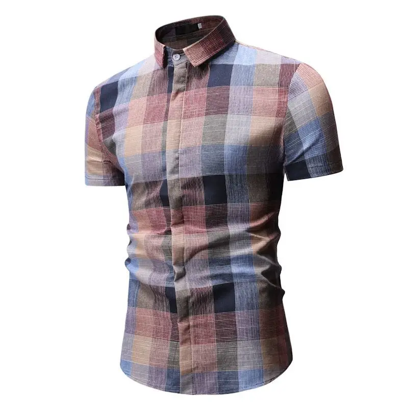 Chemise Homme Plaid Dress Shirts Mens Short Sleeve Button-Down Checkered Shirts 2019 Summer Fashions Men Blouse YS52 (2)