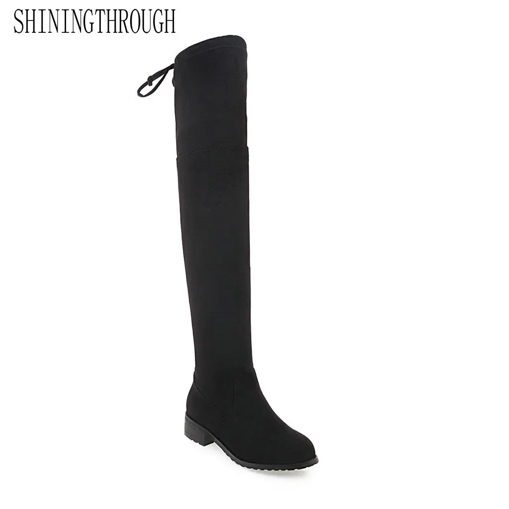 

SHININGTHROUGH Women Boots Plus Size 34-43 High Heels Round Toe Over-the-Knee zip Woman Shoes Winter Boots Black