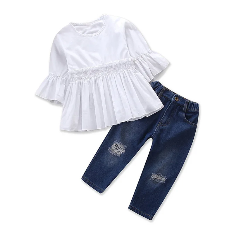 Г., модная детская одежда, костюм для девочек, белая рубашка+ джинсы, комплекты одежды одежда для маленьких девочек из 2 предметов Детский костюм, комплекты для девочек