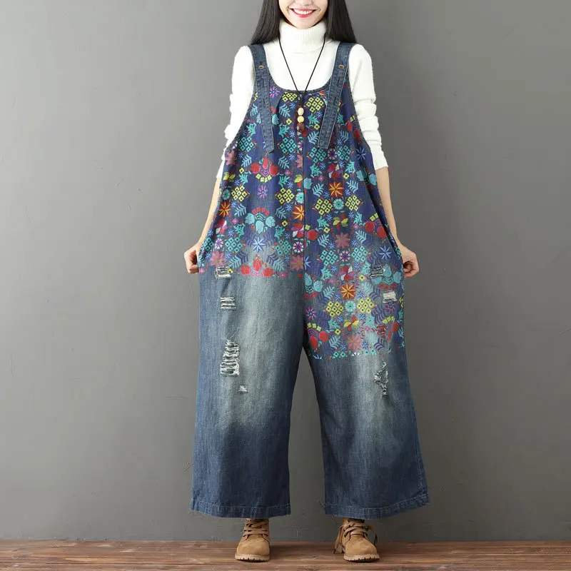 

Helisopus Vintage Flower Printed Holes Ripped Jean Jumpsuit Plus Size Wide Legs Bib Overalls For Women Drop Crotch Denim Rompers