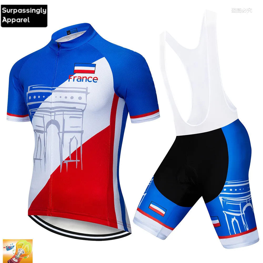 2019 جديد فرنسا فريق الأزرق الدراجة الملابس مجموعة 16D هلام سادة Coolmax الدراجات أعلى الدراجة مريلة السراويل كيت الدراجات قصيرة مجموعة جيرسي