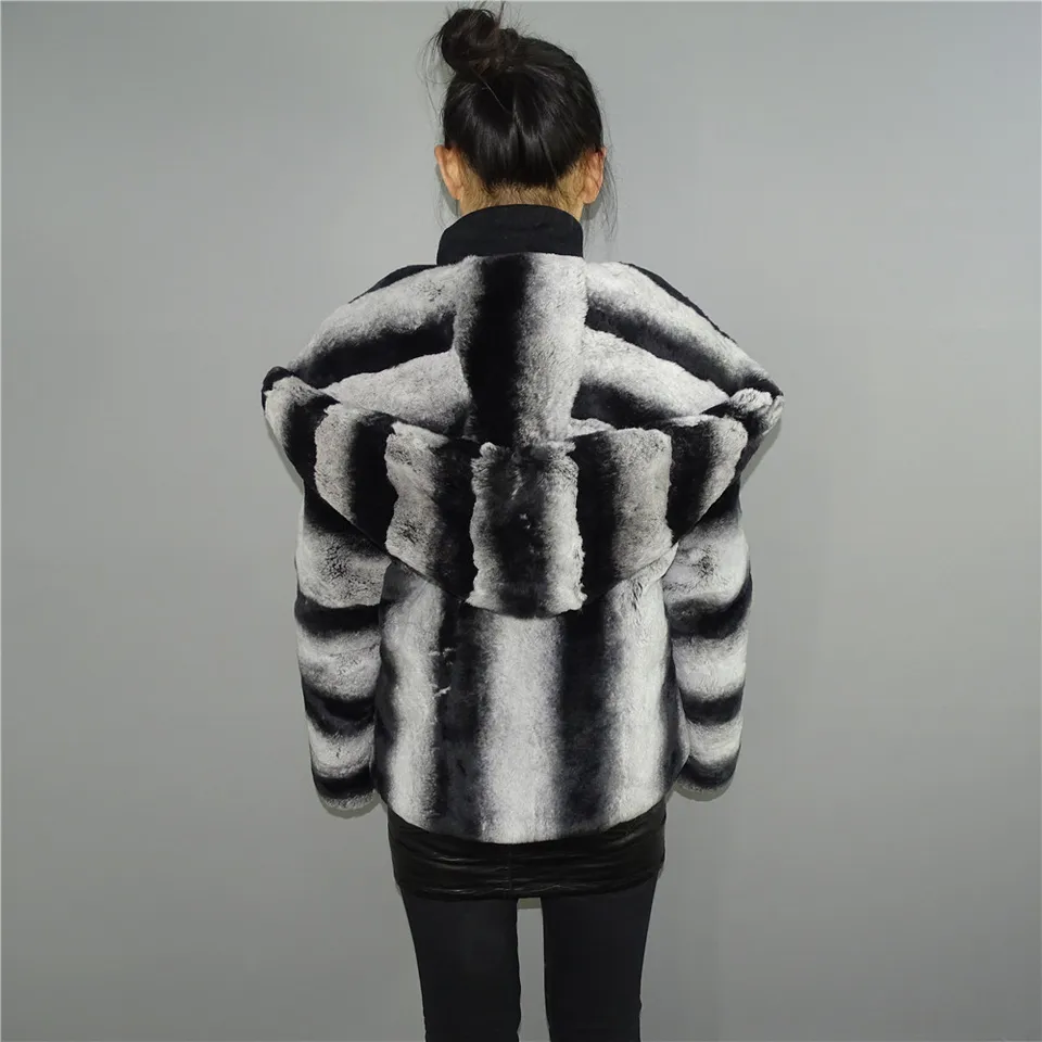 grey hooded fur jacket