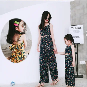 

Summer Mother Daughter 2pcs Sets Floral Bowknot Backless Tops + Loose Pants Family Matching Clothes Mommy and Me Clothes Suit