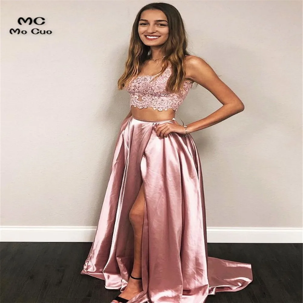 Dusty Pink Two Pieces Gown Evening Party Dresses with Lace Vestidos de fiesta Front Slit Satin Prom | Свадьбы и торжества