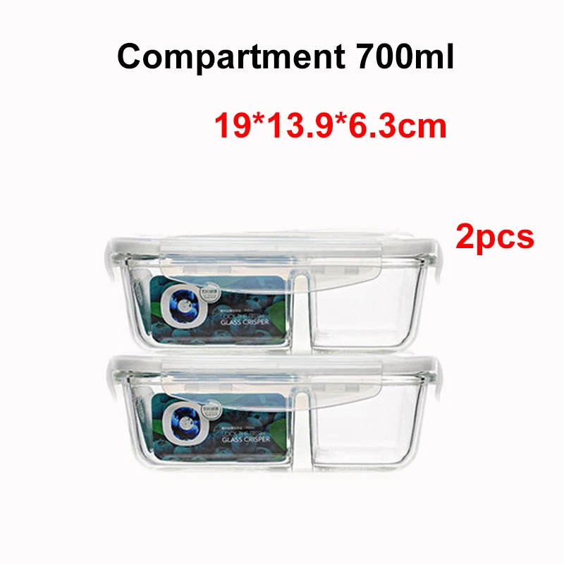 700ML 2PC Пищевые стеклянные контейнеры для еды 2 отсека герметичные боросиликатные Ланч-бокс Bento box с морозильник для крышек микроволновой печи - Цвет: 700ML 2PC