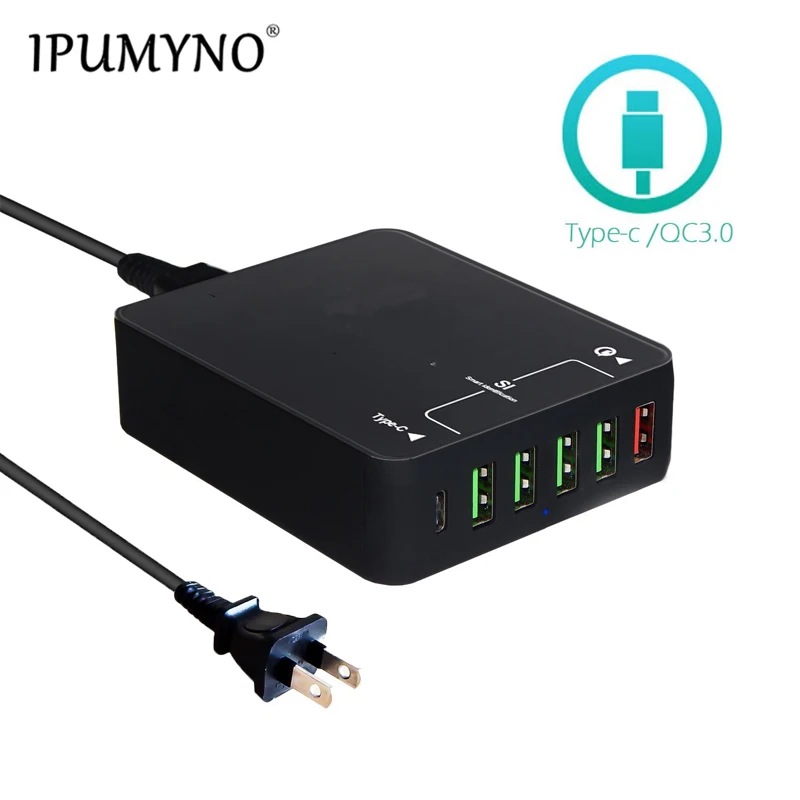 

IPUMYNO USB Charger Station 6 Port Quick Charge 3.0 QC 3.0+Type C Port Universal USB Hub Power Adapter for iPhone Samsung Huawei