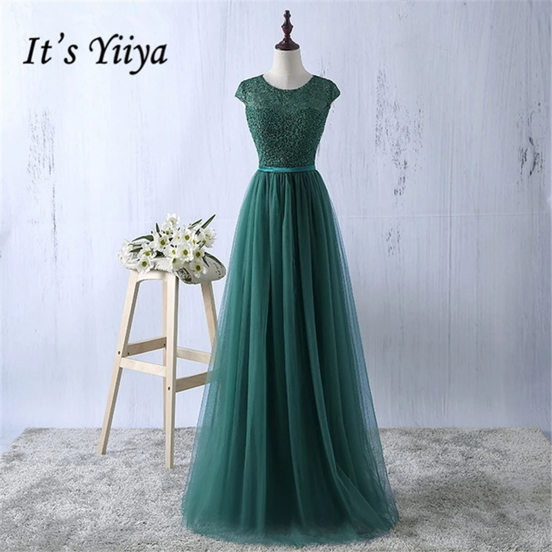 

It's YiiYa Elegant Evening Dress Green Gray O-Neck Lace Up Floor Length Tulle A-Line Fashion Designer Formal Dresses MYF083