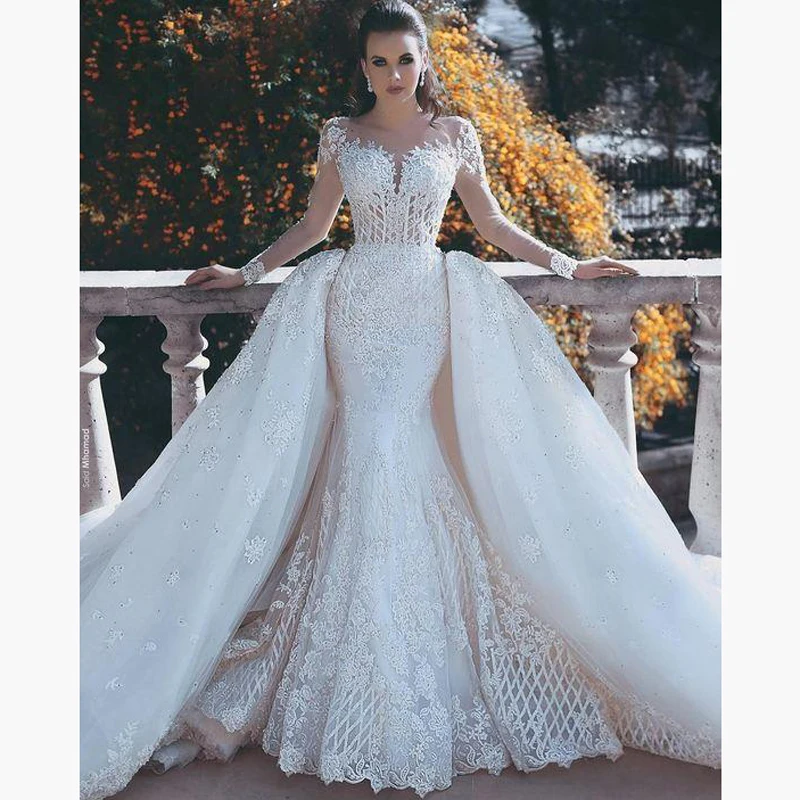 

Saudi Arabia Romantic Bridal Gown vestido de noiva Long Weding Gowns mariage Full Sleeves Bridal Dress Detachable Overskirt
