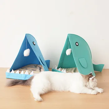 

40*60*40 CM Felt Winter Warm Funny Shark Pet Cats Bed Bite Resistance Cat Cushion Chinchilla Collapsible Toy House Dog