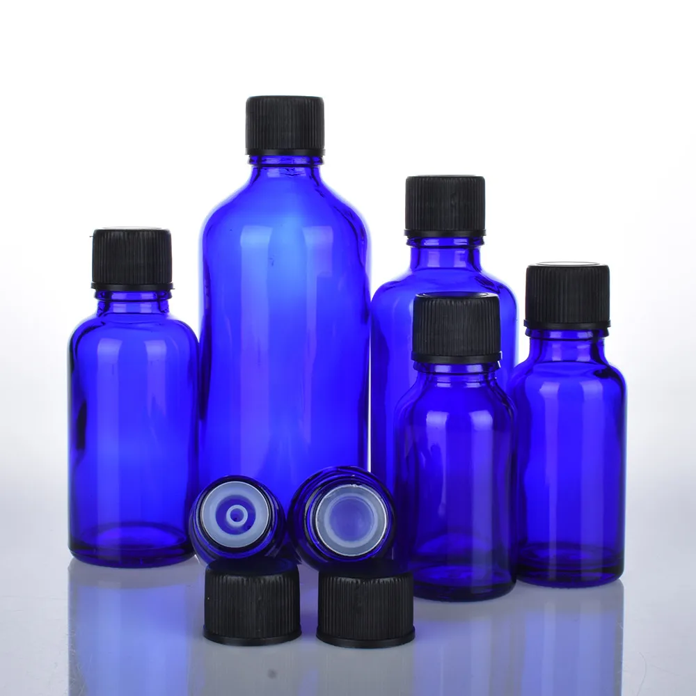 6pcs/lot 100ml 50m 30ml 20ml 15ml 10ml 5ml 1/3oz 1oz Dark Blue Essential Oil Glass Bottles With Black Cap Glass Containers