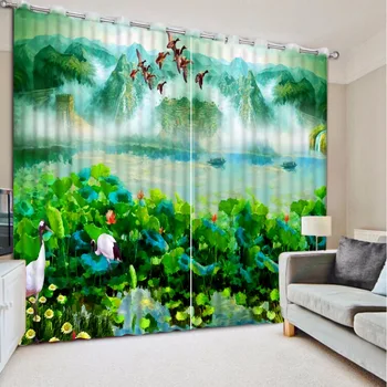 

3D Curtain Blackout Curtains For Living Room Bedroom Wedding room Window Curtains Oil Painting Pond Lotus Leaves Photo